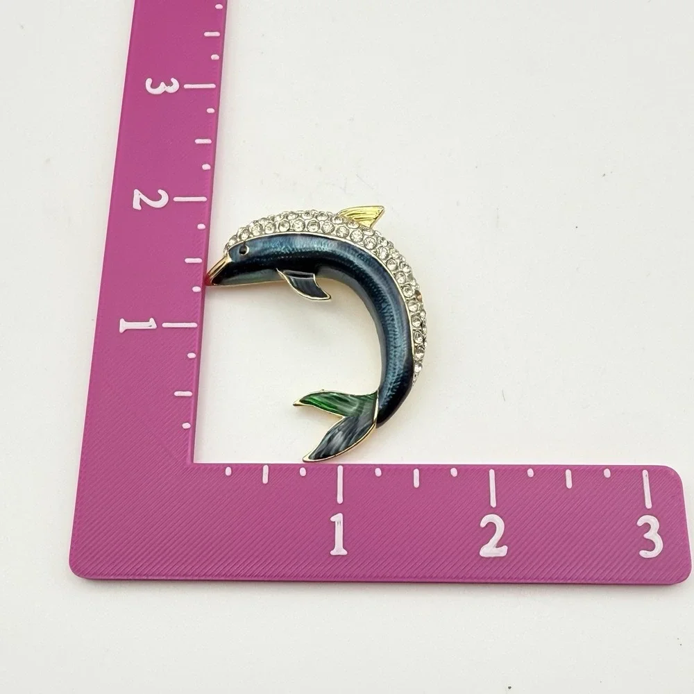 Signed DIS Vintage Dolphin Brooch Blue Green Enamel Rhinestone Gold Tone Pin